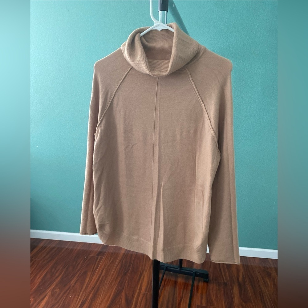 Reba Tan Turtleneck Sweater Ribbed Side Hem & Cowell Neck Side Slits Size M Y-5